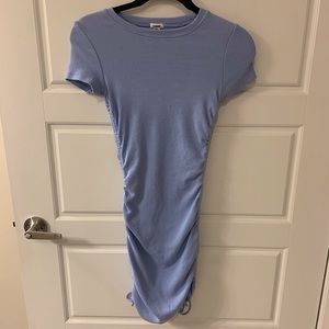 Baby blue ruched T-shirt dress with strings for adjustments. Stretchy material